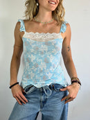 Top Vintage ELLE Lace Ruffle Floral Sheer Blue Summer – M