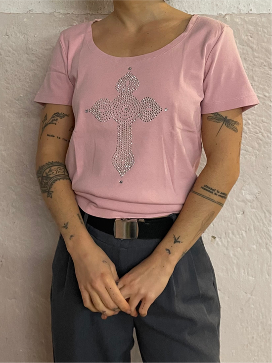 Pink T-Shirt with Glitter Cross Front Round Neck – S/M