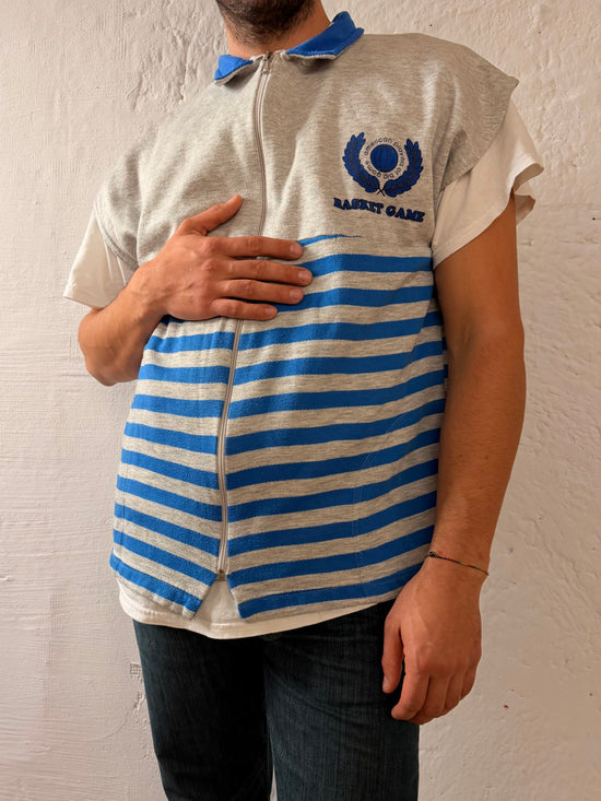 Unisex Oversized Vest Grey Striped with Blue Details Cotton & Acrylic Blend – XL