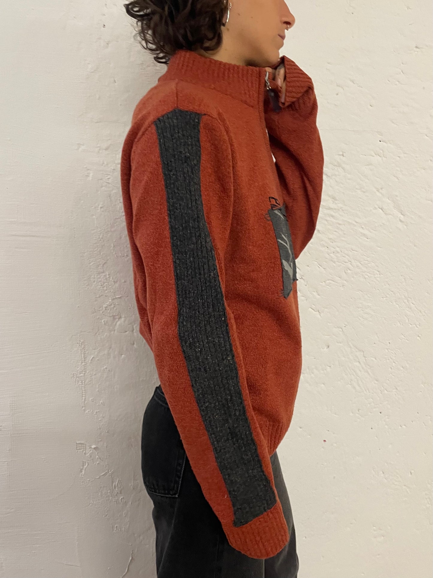 Vintage Wool Zip Pullover Orange Front Pattern – S