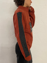 Vintage Wool Zip Pullover Orange Front Pattern – S