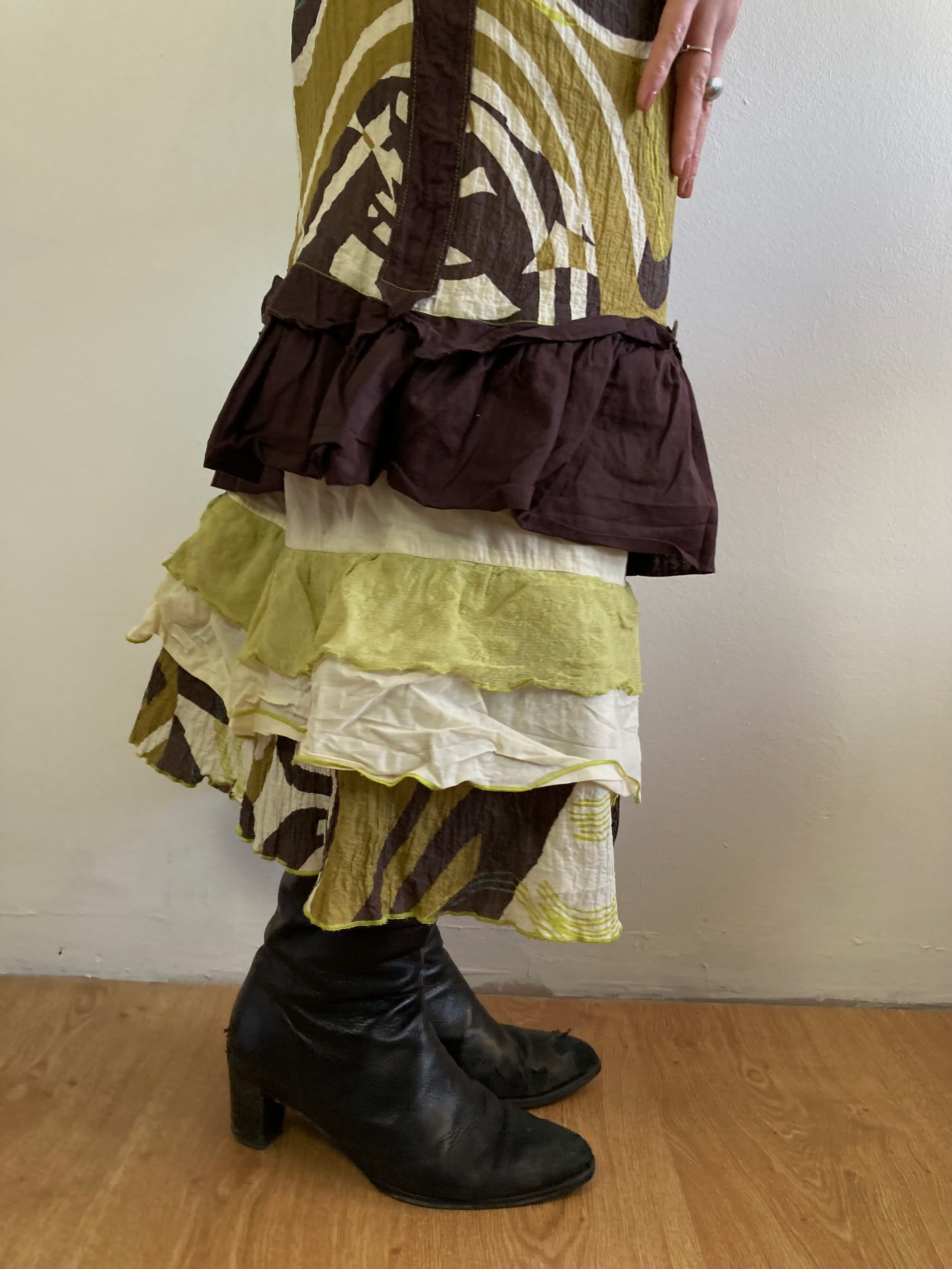 Skirt Vintage Y2K Brown Cream Yellow Ochre Patterned Cotton-Blend Women – S