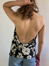 Top Vintage Black Floral Backless Women – S