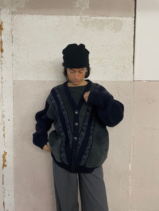 Italienischer Malagrida Cardigang dunkelblau mit Leder Detailes