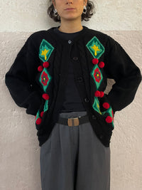 Beautiful Black Cardigan with Lovely Red Pom-Poms - Kleiderhaufen - Default Title