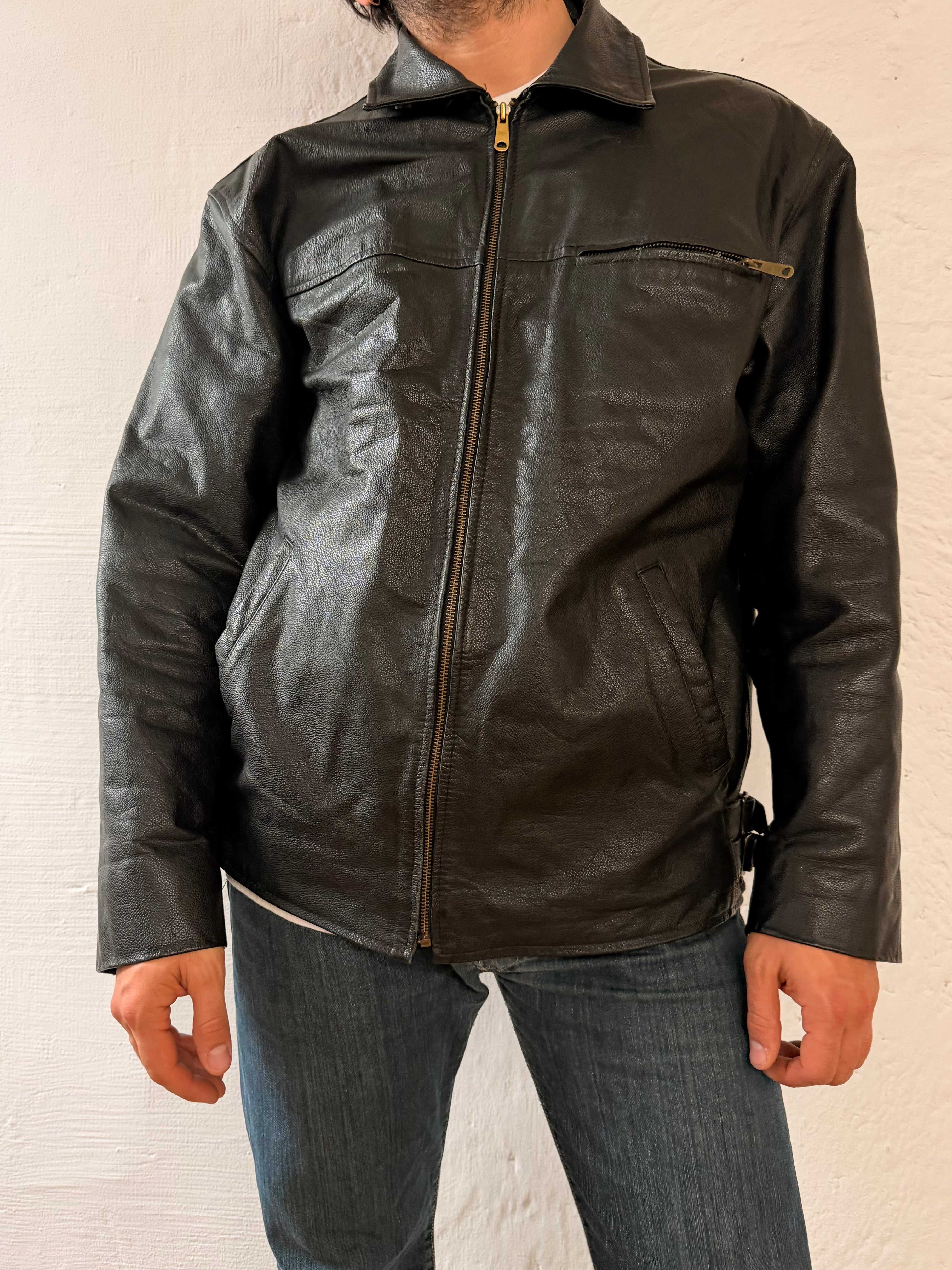 Vintage Oversized Leather Jacket SAKI Black Genuine Leather – XL