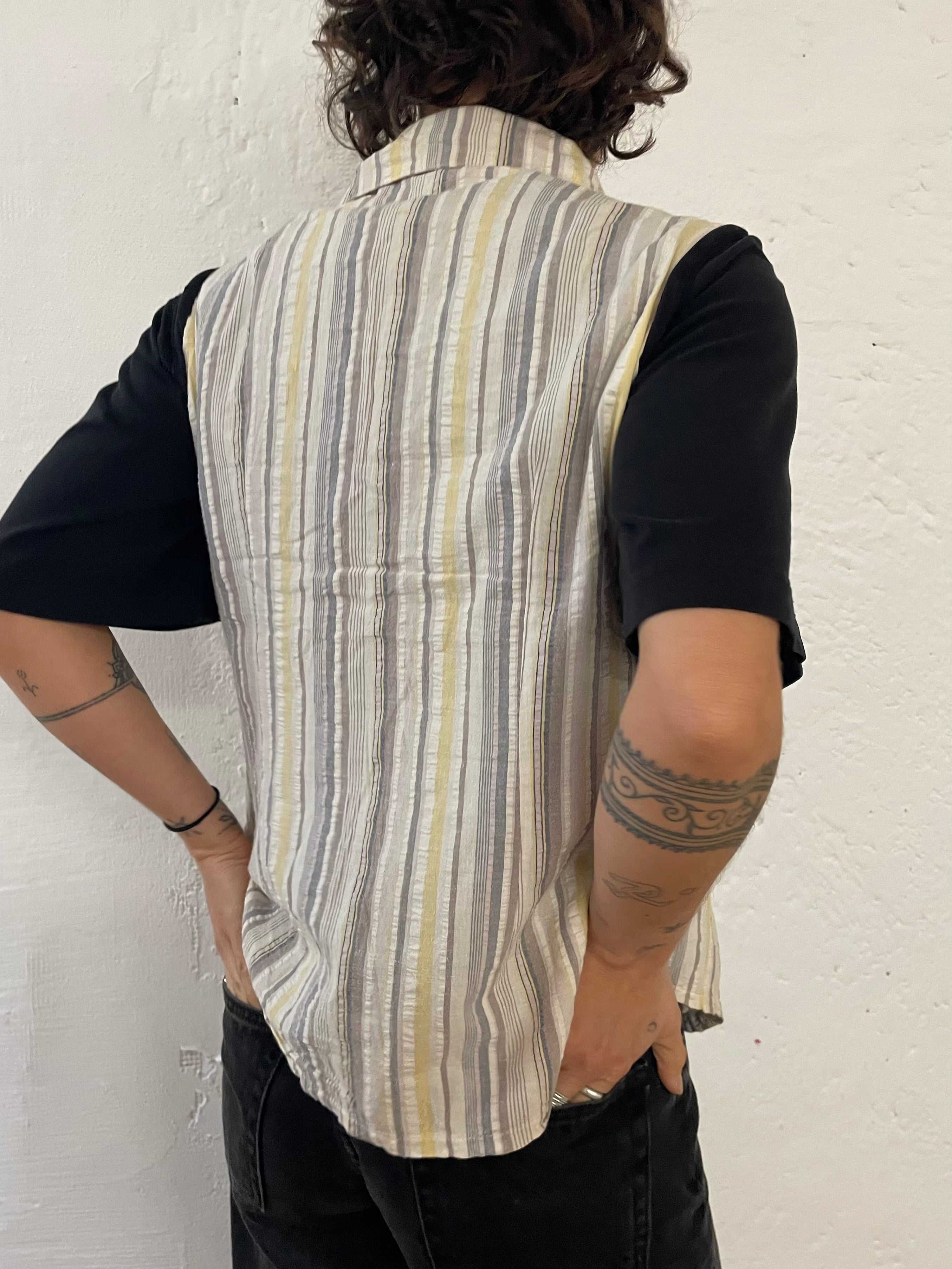 Striped Sleeveless Zip Vest Collared Yellow/Grey/White Unisex – L