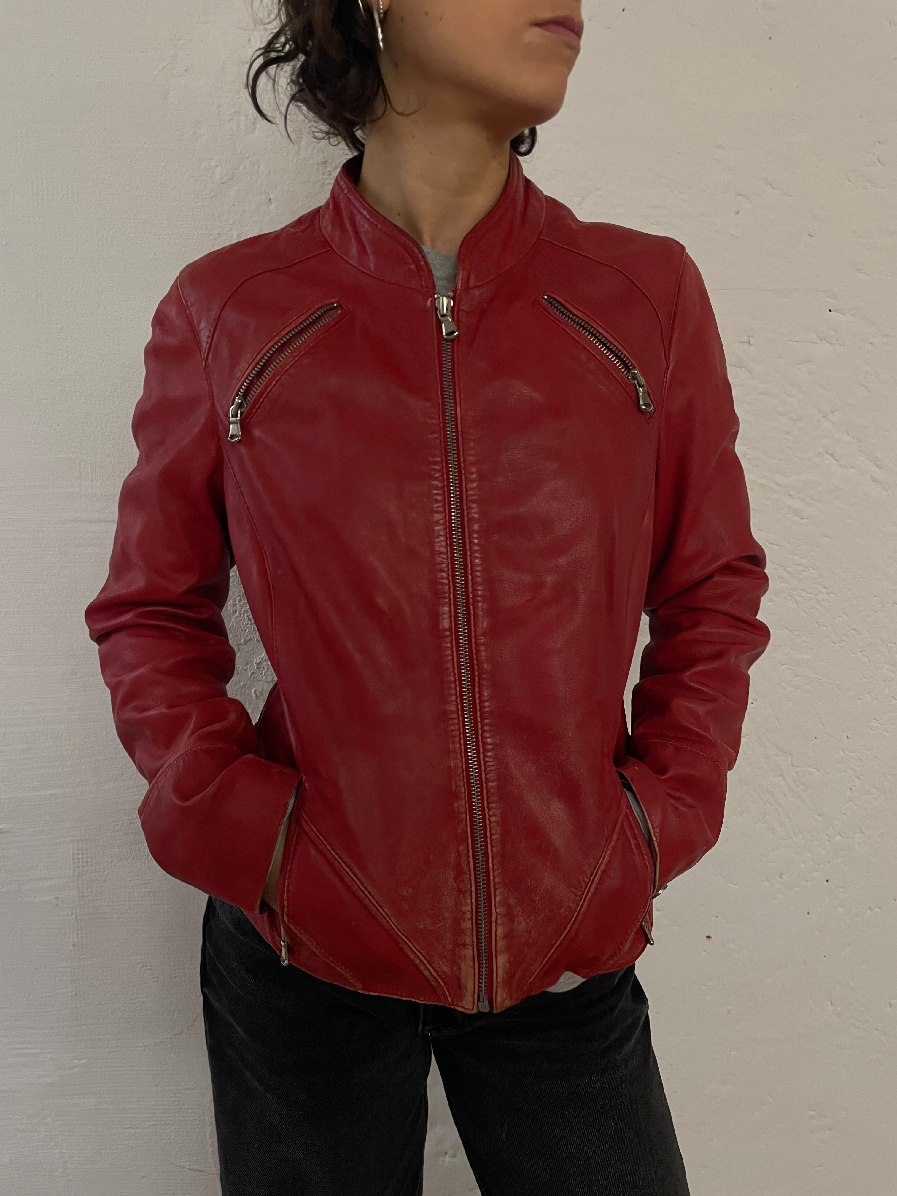Vintage Arma Leather Biker Jacket Fitted Red Beautiful Patterns – S
