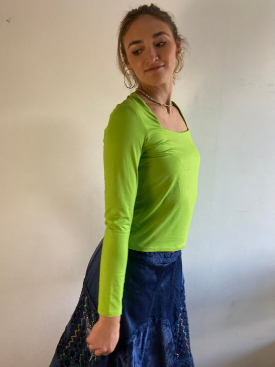 Longsleeve Vintage Green Open Neck Lightweight Layering Women – S/M