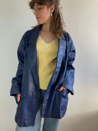 Leather Jacket Vintage Blue Genuine Leather Longsleeve Spring Oversized Unisex – M/L