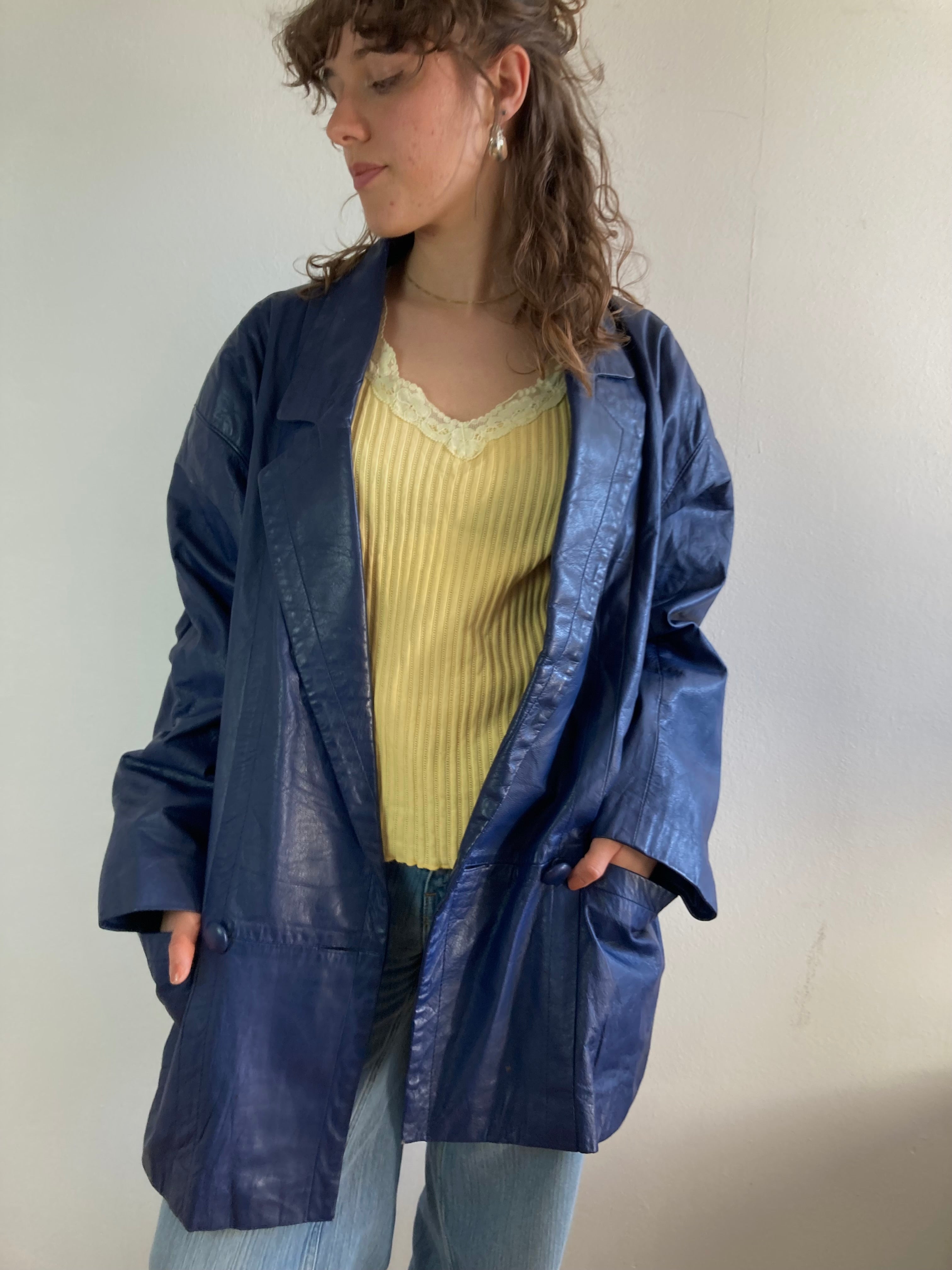 Leather Jacket Vintage Blue Genuine Leather Longsleeve Spring Oversized Unisex – M/L