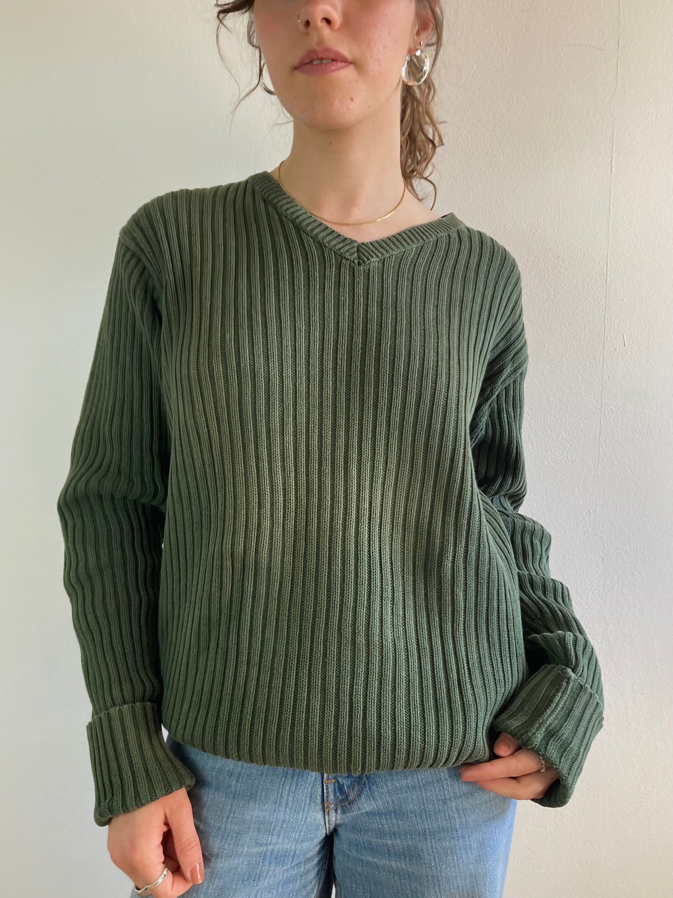 Sweater Oversized Vintage Green Washed Denim Longsleeve Unisex – L