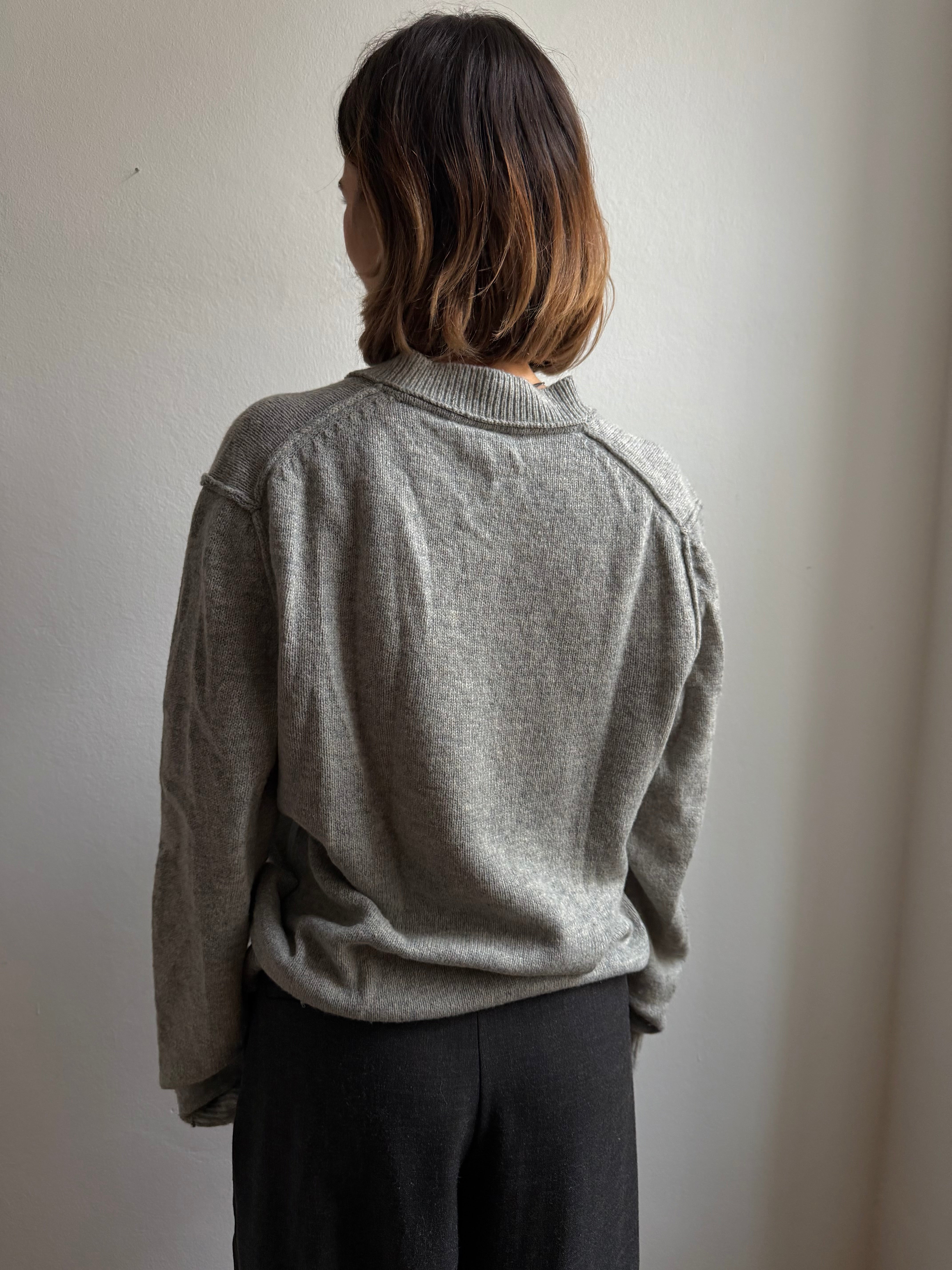 Wool V-Neck Sweater Grey Unisex - L