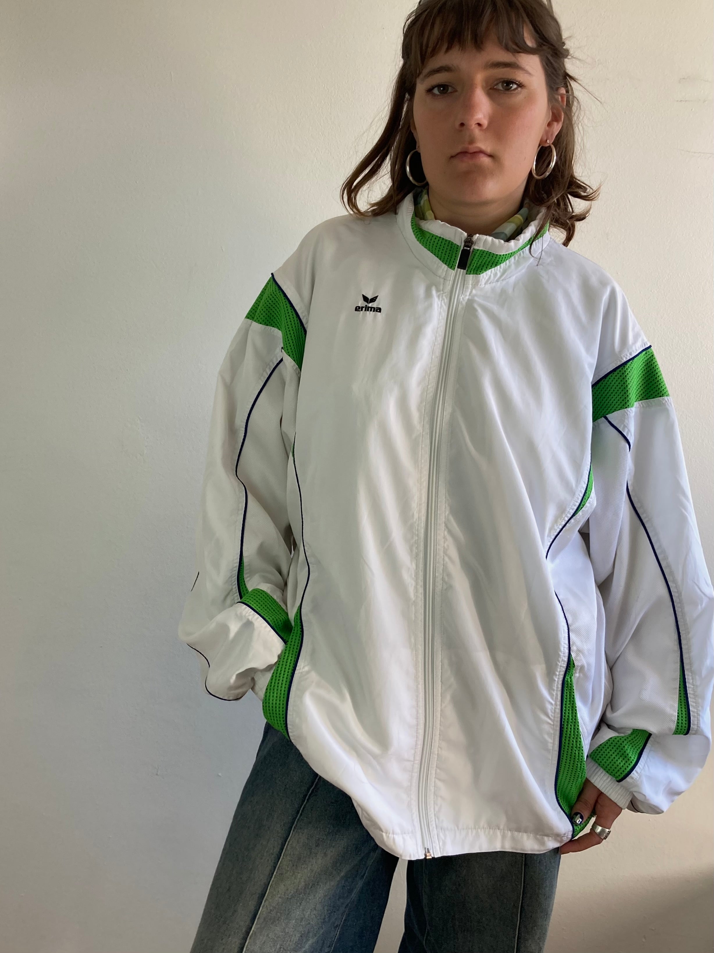 Track Jacket Vintage White Green Logo Front Longsleeve Oversized Unisex – L