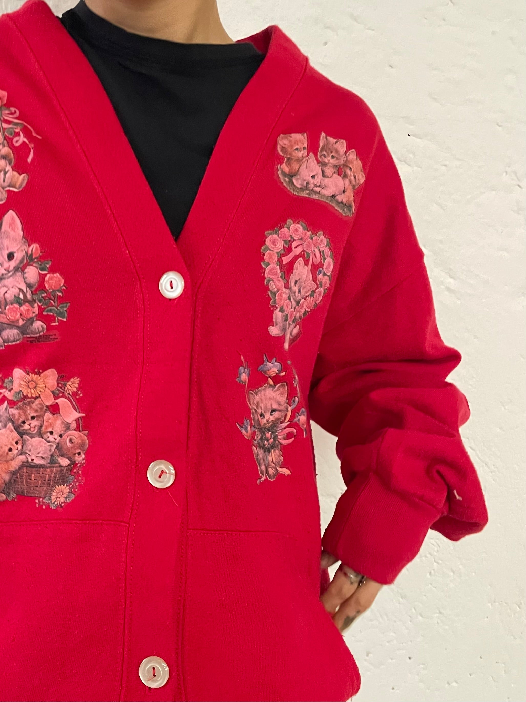 Vintage Cardigan Red with Cat Motifs Made in USA – L