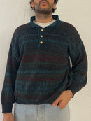 Vintage Sweater Blue Grey Polo Neck & 3 Buttons – M