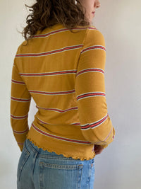 Shirt Vintage Yellow Ochre Striped Longsleeve Slim Fit Women – S