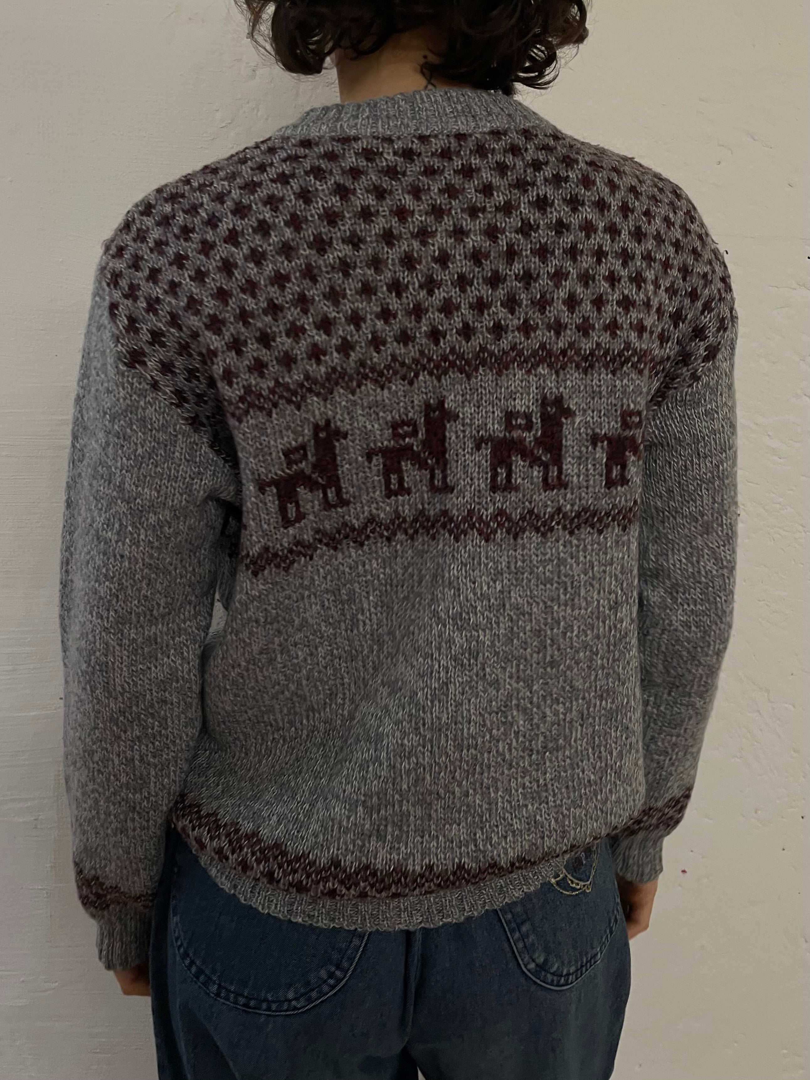 Vintage Wool Winter Pullover Lama Pattern Grey – S/M