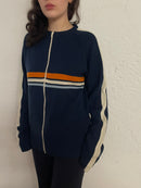 Oversized Lightweight Sweater Jacket Blue Orange White Round Neck – M