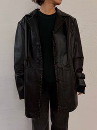 Vintage Leather Jacket Black White Stitching Details – M/L