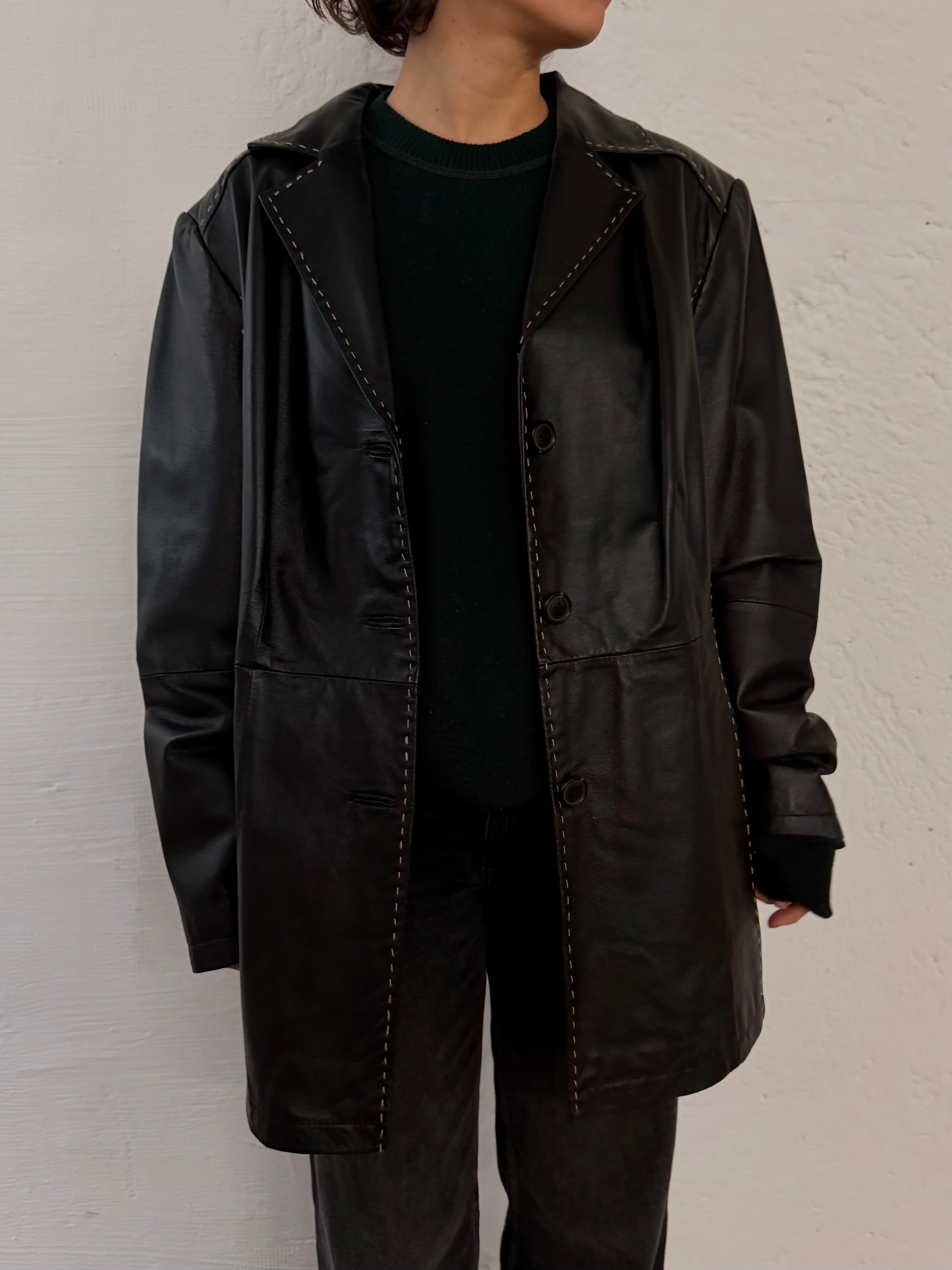 Vintage Leather Jacket Black White Stitching Details – M/L