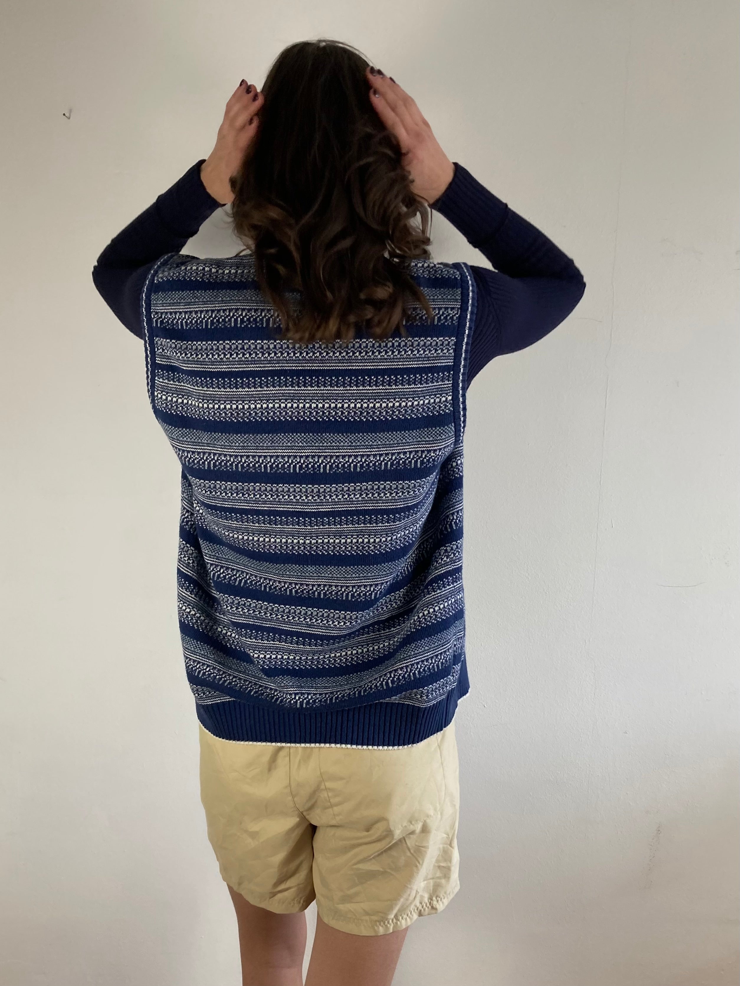 Vest Vintage Striped Blue Unisex Oversized Layering Knit Casual – M
