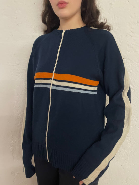 Oversized Lightweight Sweater Jacket Blue Orange White Round Neck – M