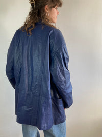 Leather Jacket Vintage Blue Genuine Leather Longsleeve Spring Oversized Unisex – M/L