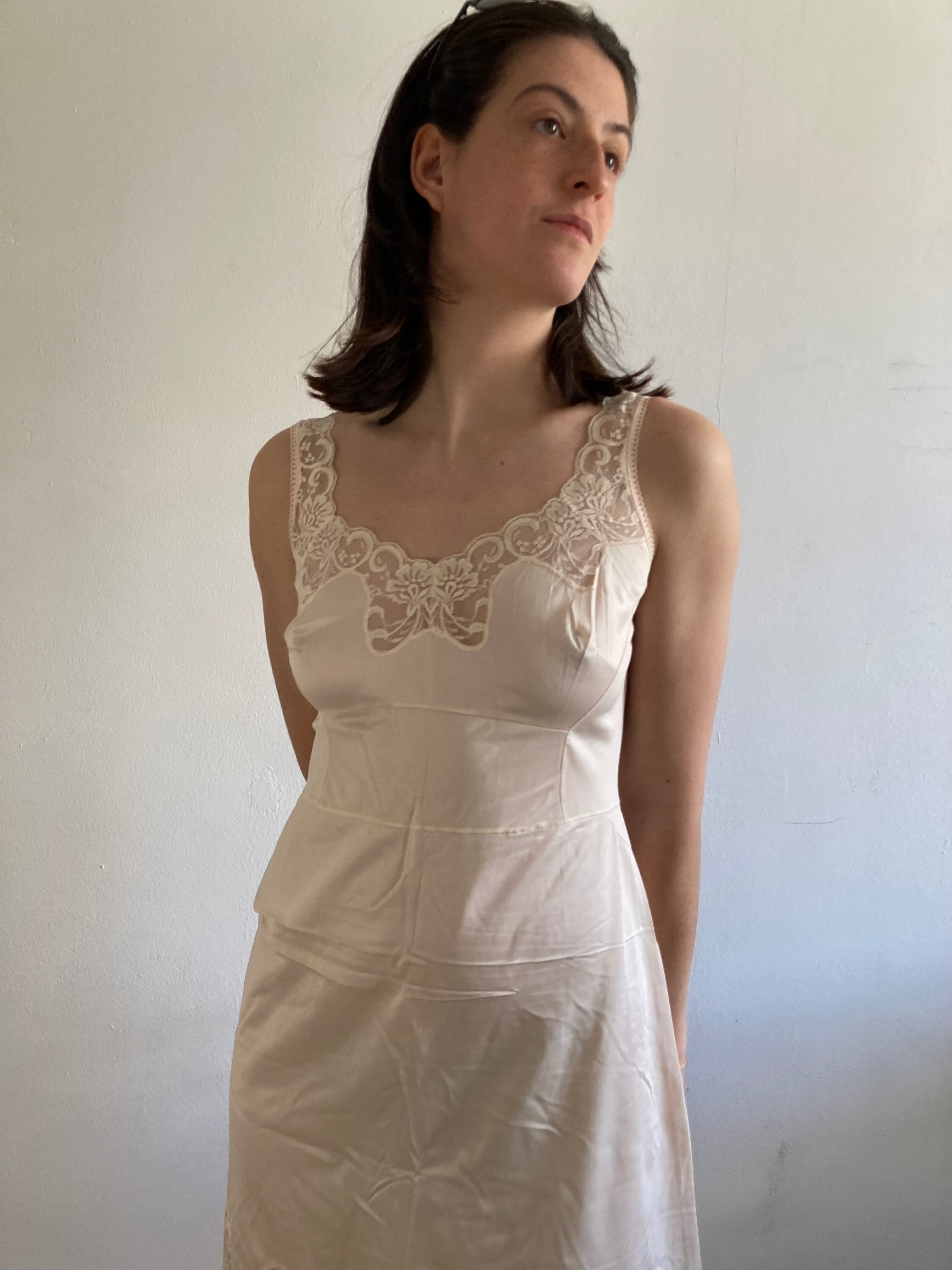 Dress Vintage Y2K Layering Slip Nightdress Lace Rose Cream  – M/L