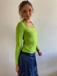 Longsleeve Vintage Green Open Neck Lightweight Layering Women – S/M