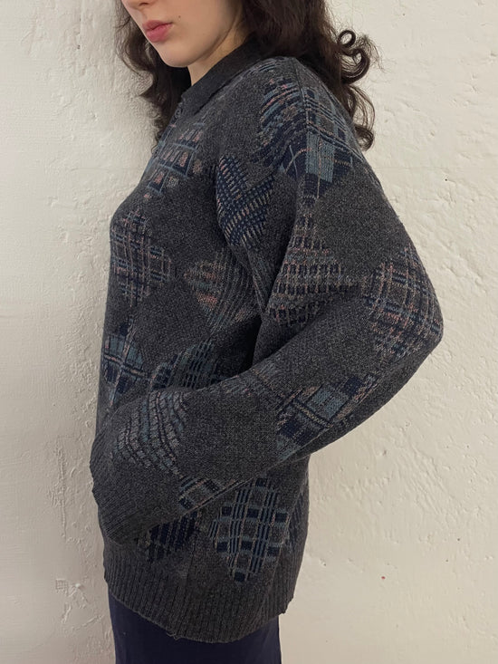 Vintage Wool Polo Sweater Grey Unisex – M