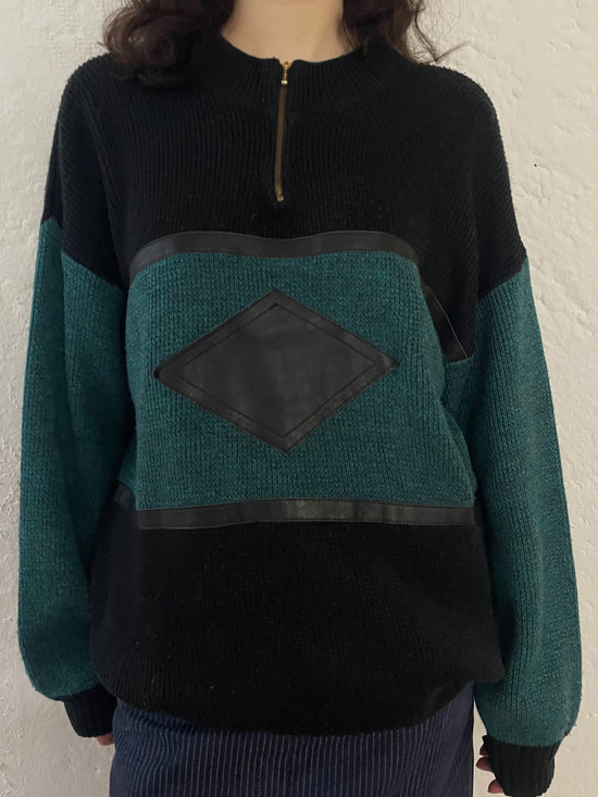 Vintage Sweater Scorpio Turquoise Black Leather Details – M