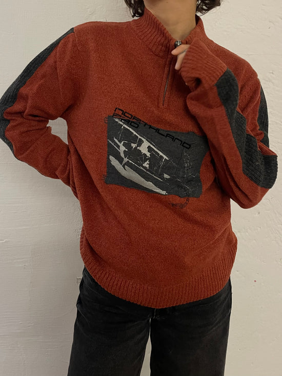 Vintage Wool Zip Pullover Orange Front Pattern – S