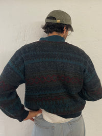 Vintage Sweater Blue Grey Polo Neck & 3 Buttons – M