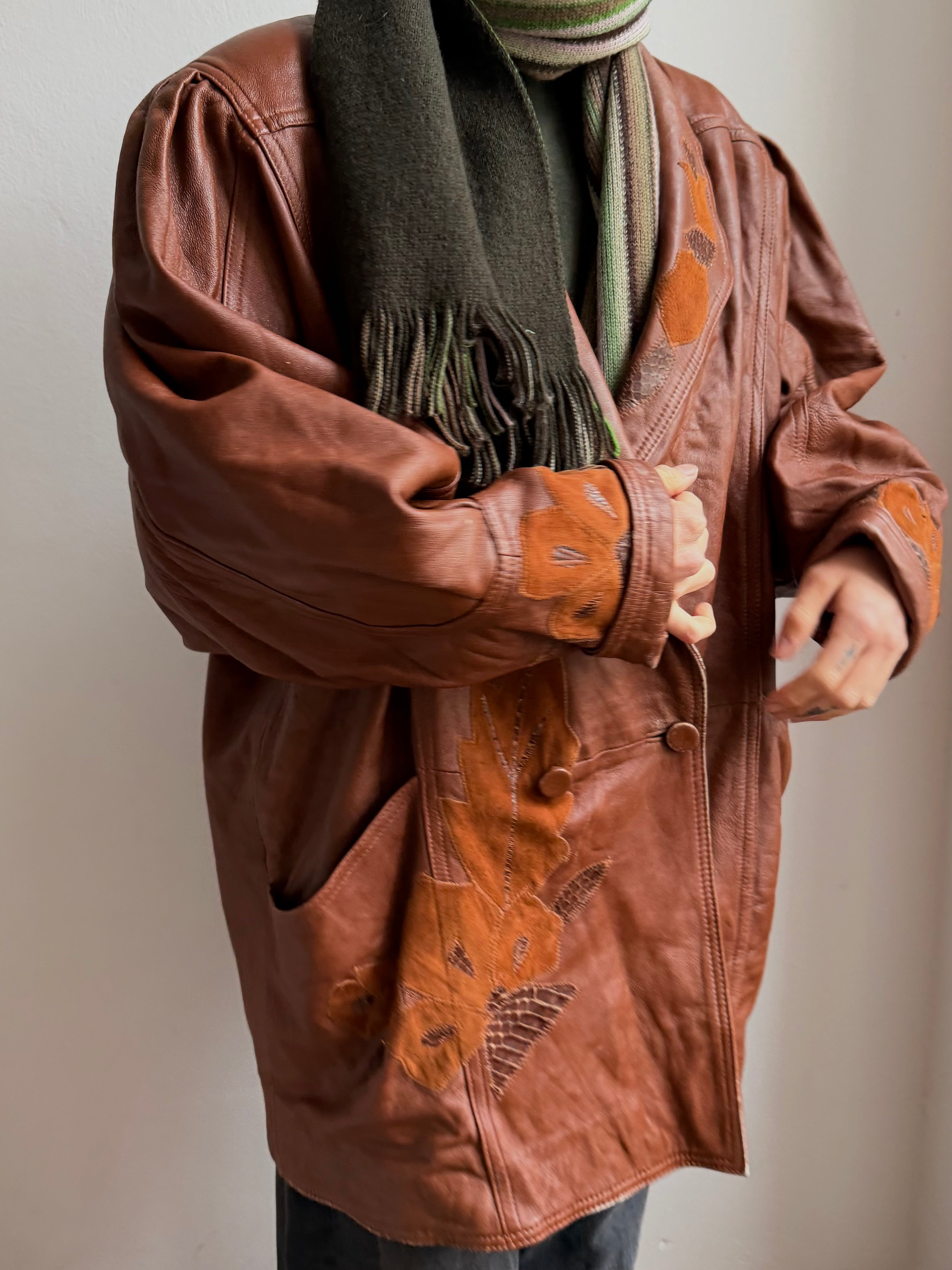 Vintage Leatherjacket with Puffed Sleeves Brown Unisex - M