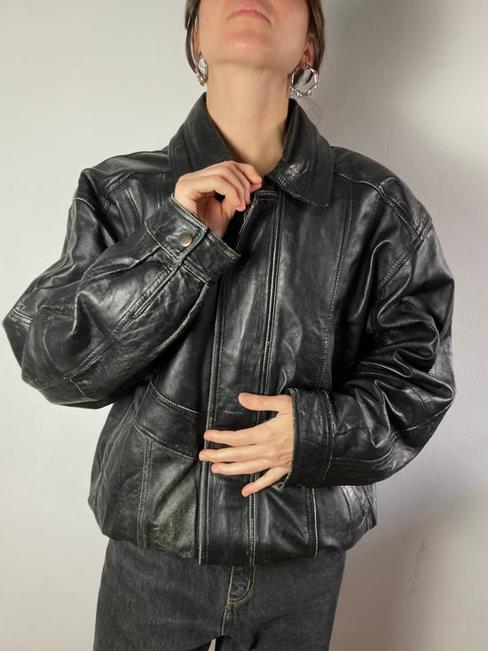 Jacket Vintage Oversized Leather Jacket Amedee Black Genuine Leather Unisex – L