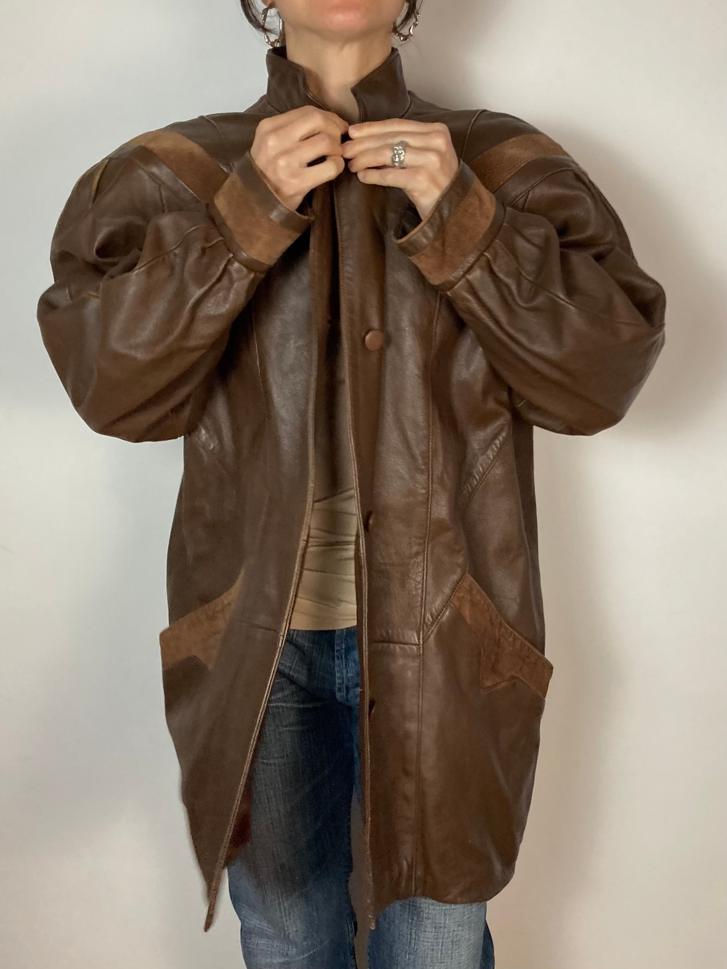 Jacket Vintage Keginapary Leather Coat Brown Plush Sleeve Women – M/L