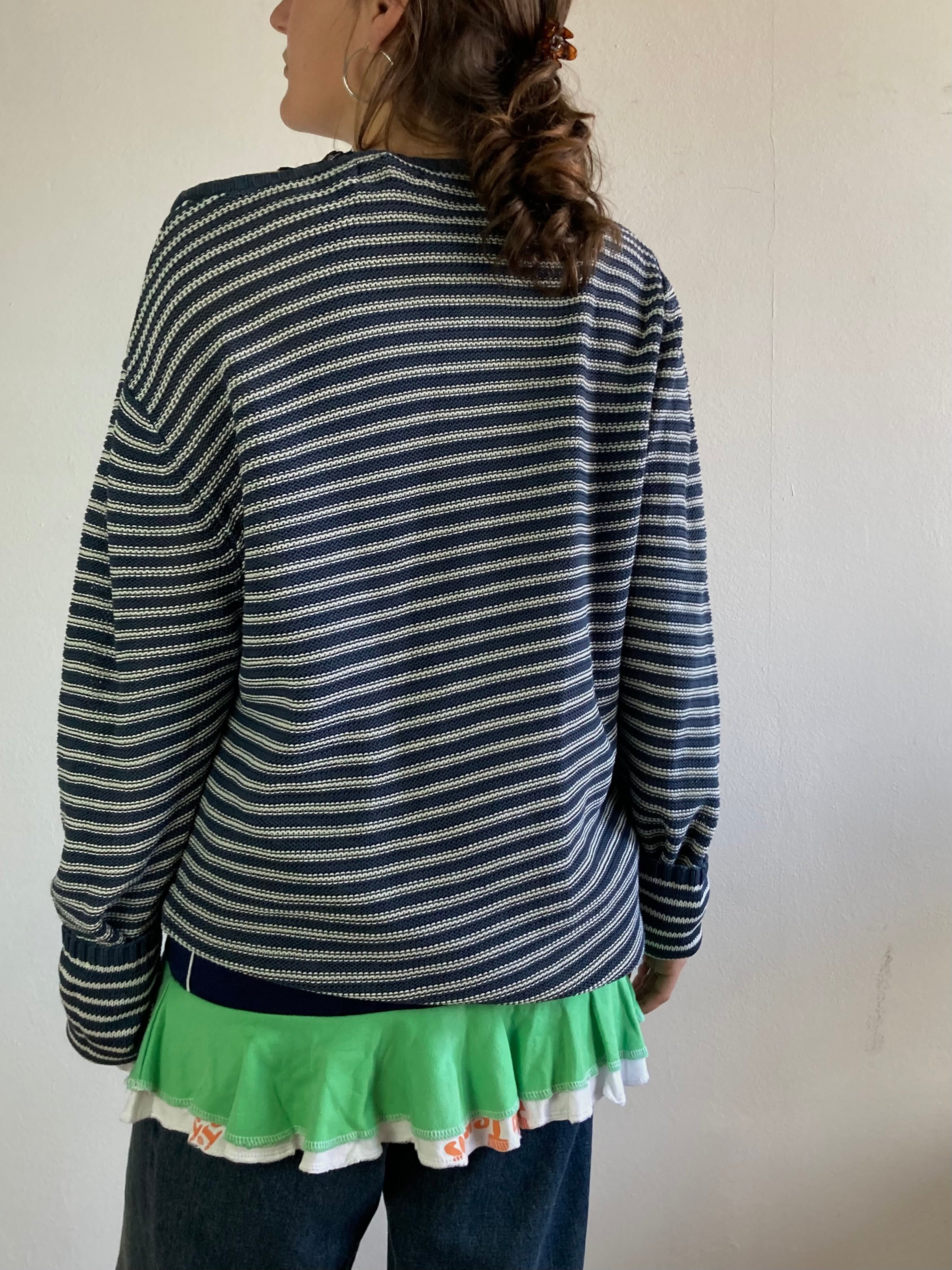 Sweater Vintage Blue White Striped Oversized Cotton Unisex – L