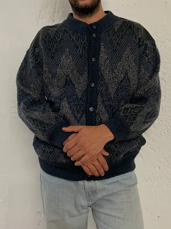 Vintage Virgin Wool Winter Oversized Cardigan Blue/Grey – L