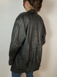 Leather Jacket Vintage Plush Sleeve Black Genuine Leather Oversized Unisex – L