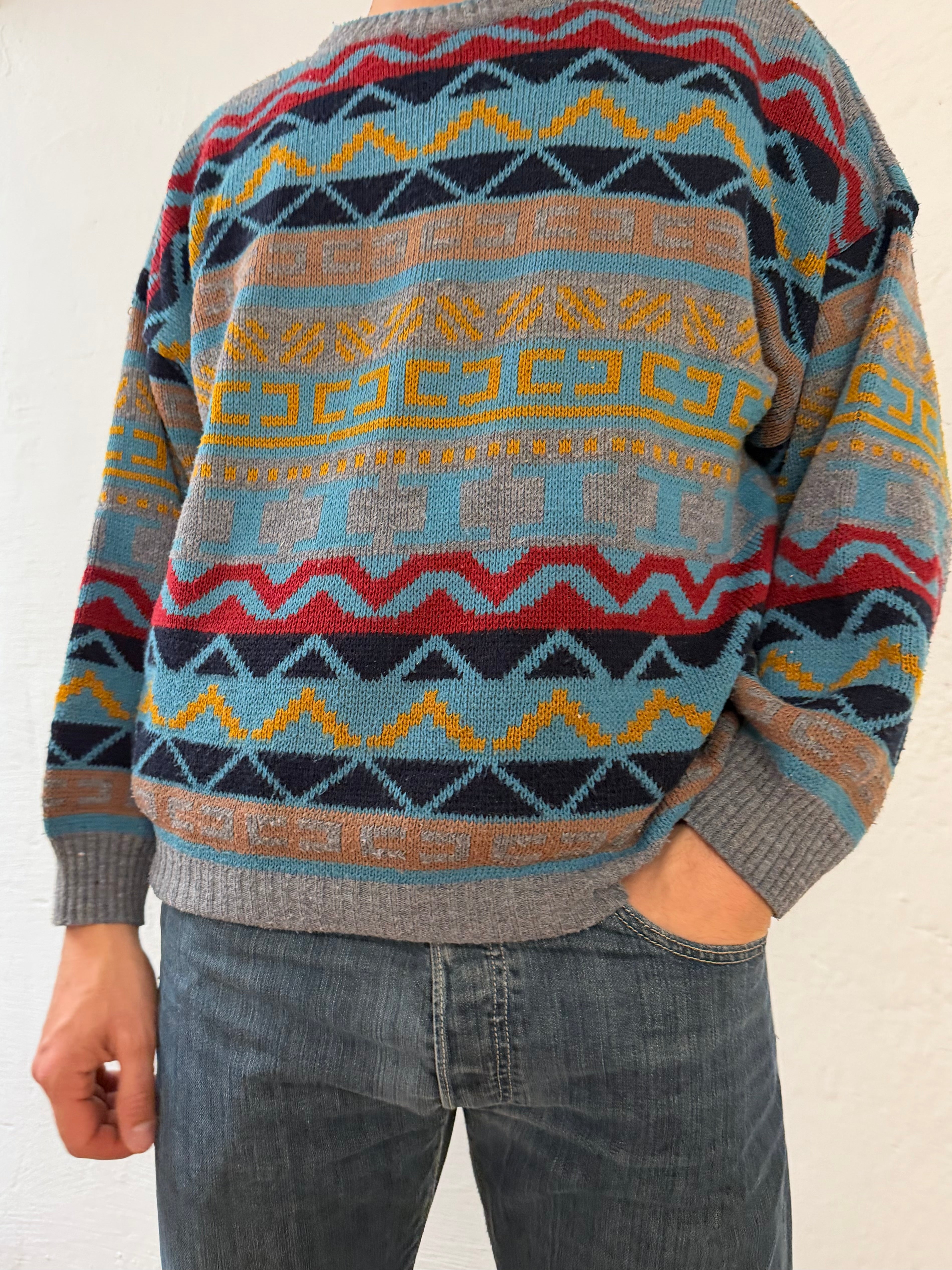 Vintage Oversized Wool Blend Pullover Multicolor Blue Yellow & Red Unisex – L