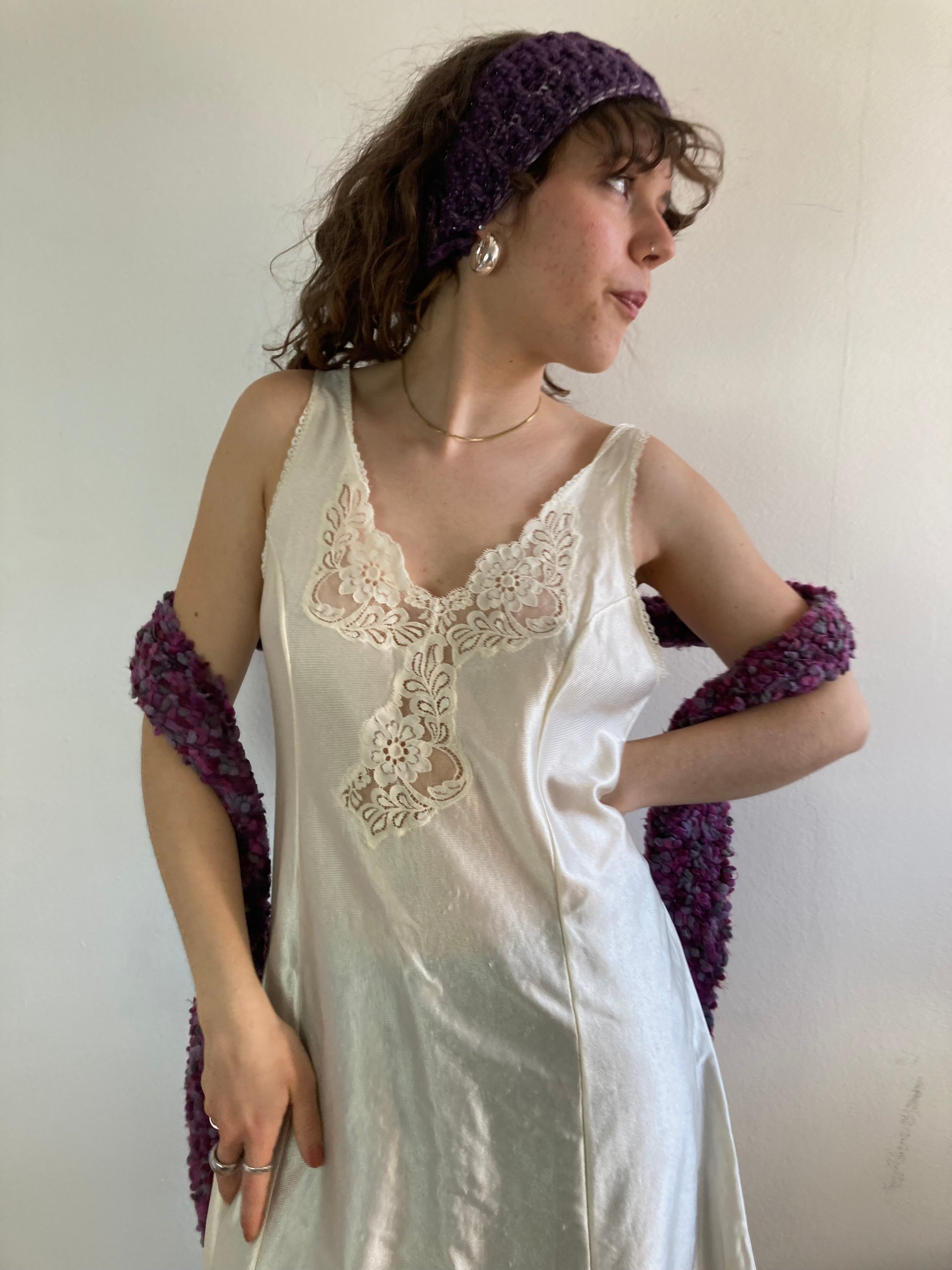 Nightdress Vintage Y2K Cream Lace Layering Top Skirt Style Women made in France – S