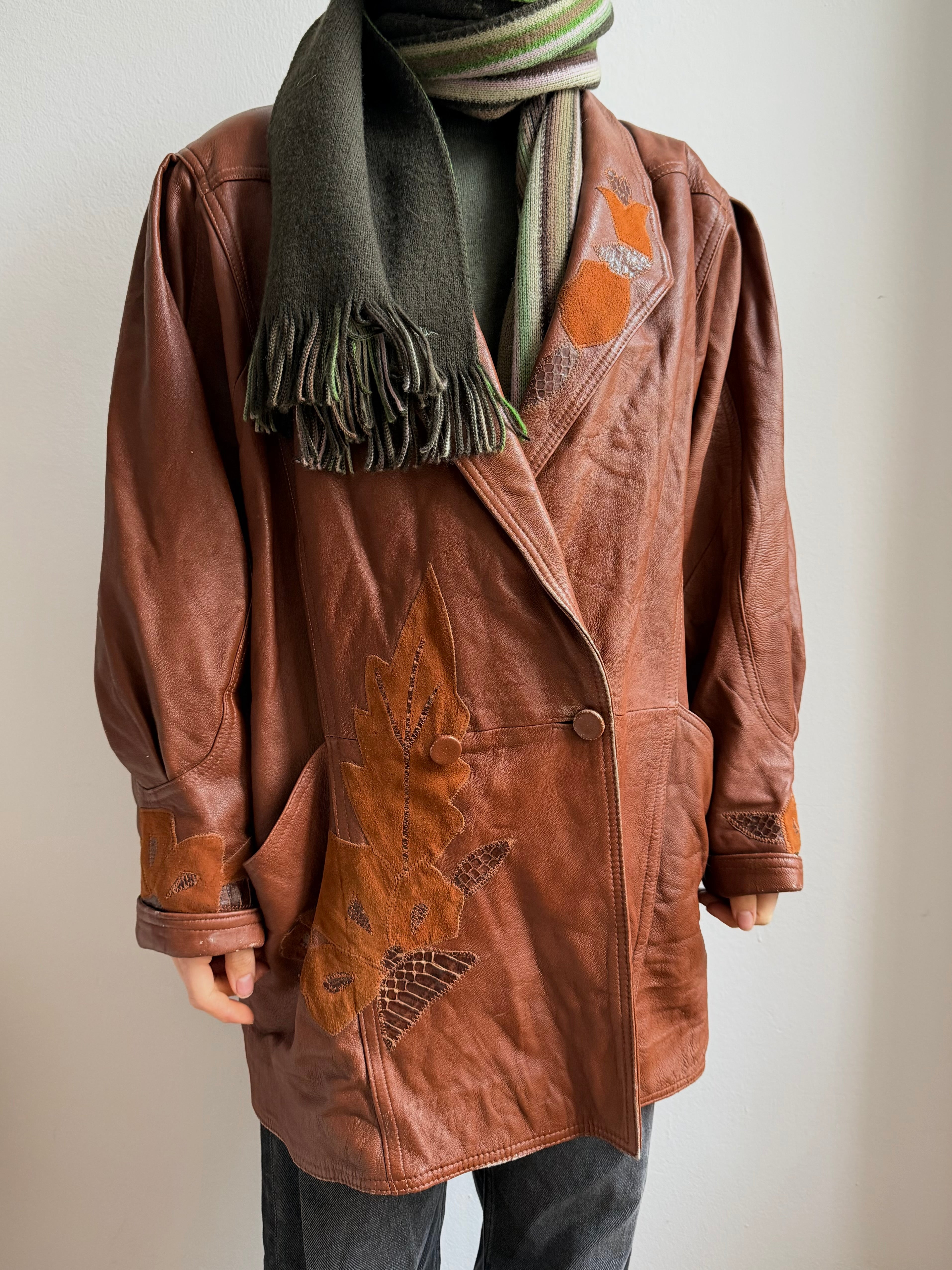 Vintage Leatherjacket with Puffed Sleeves Brown Unisex - M