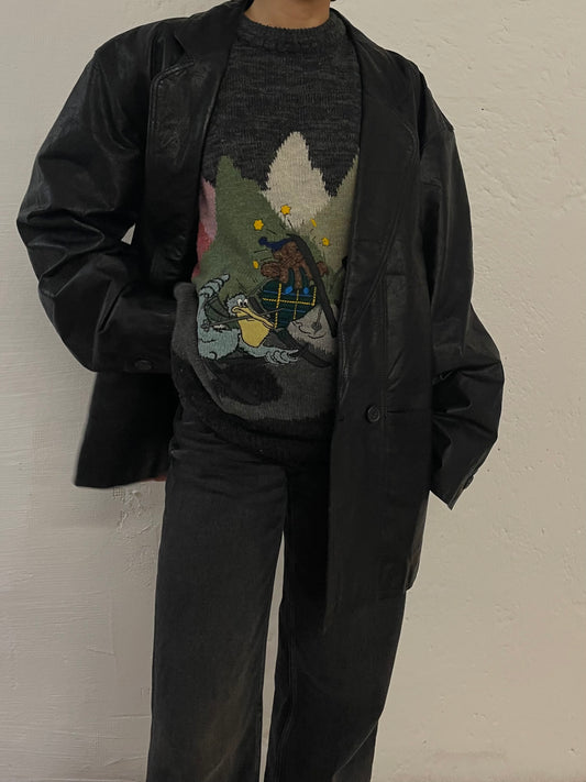 Vintage Montes Leather Jacket Black Genuine Leather – L