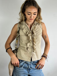 Vest Vintage Summer Top Beige Cream Sleeveless – S