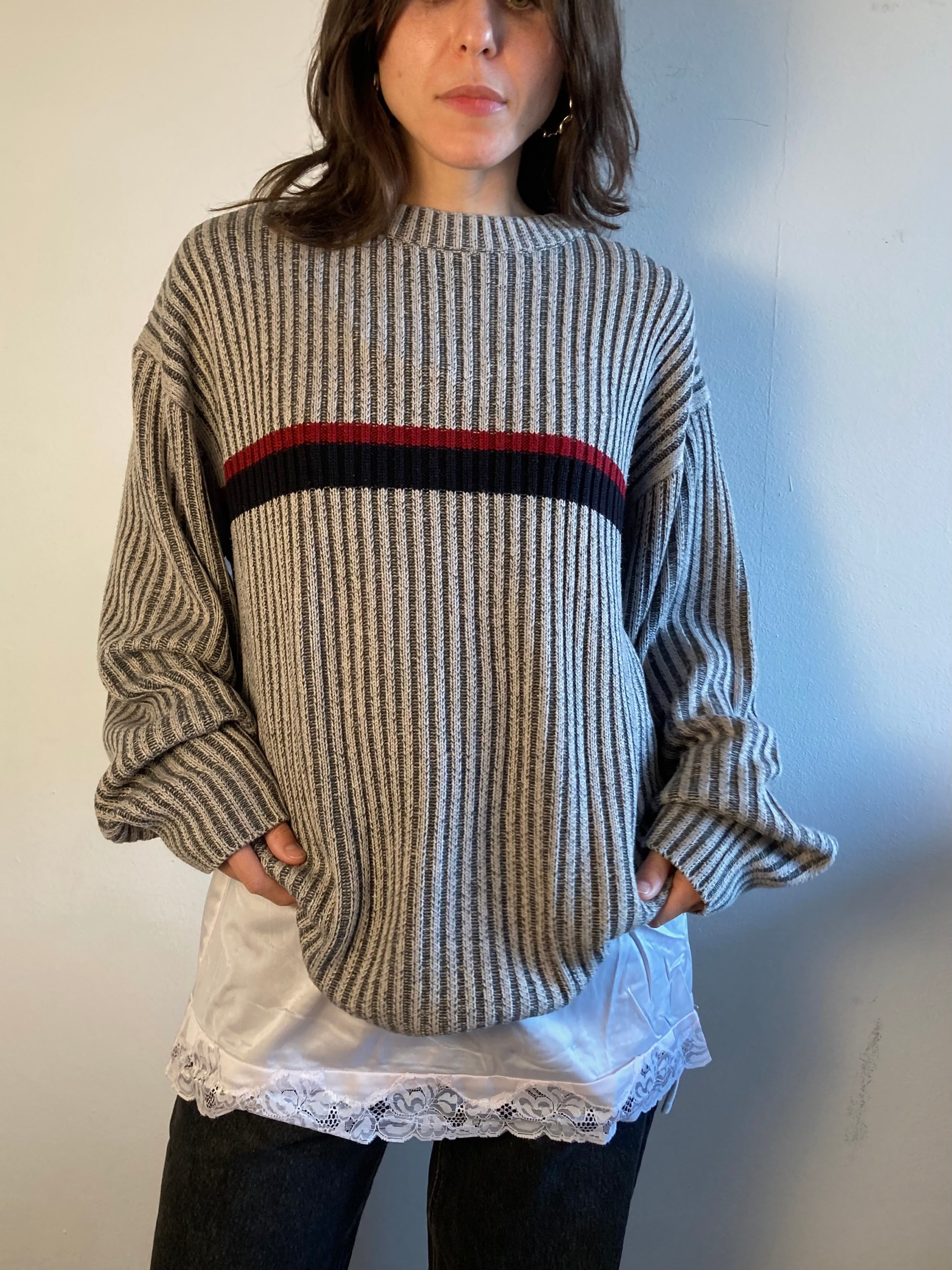Sweater Vintage Grey Cotton-Blend Oversized Unisex – M/L