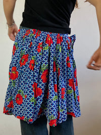 Skirt Vintage Blue Red Floral Elastic Waist Layering Women – S