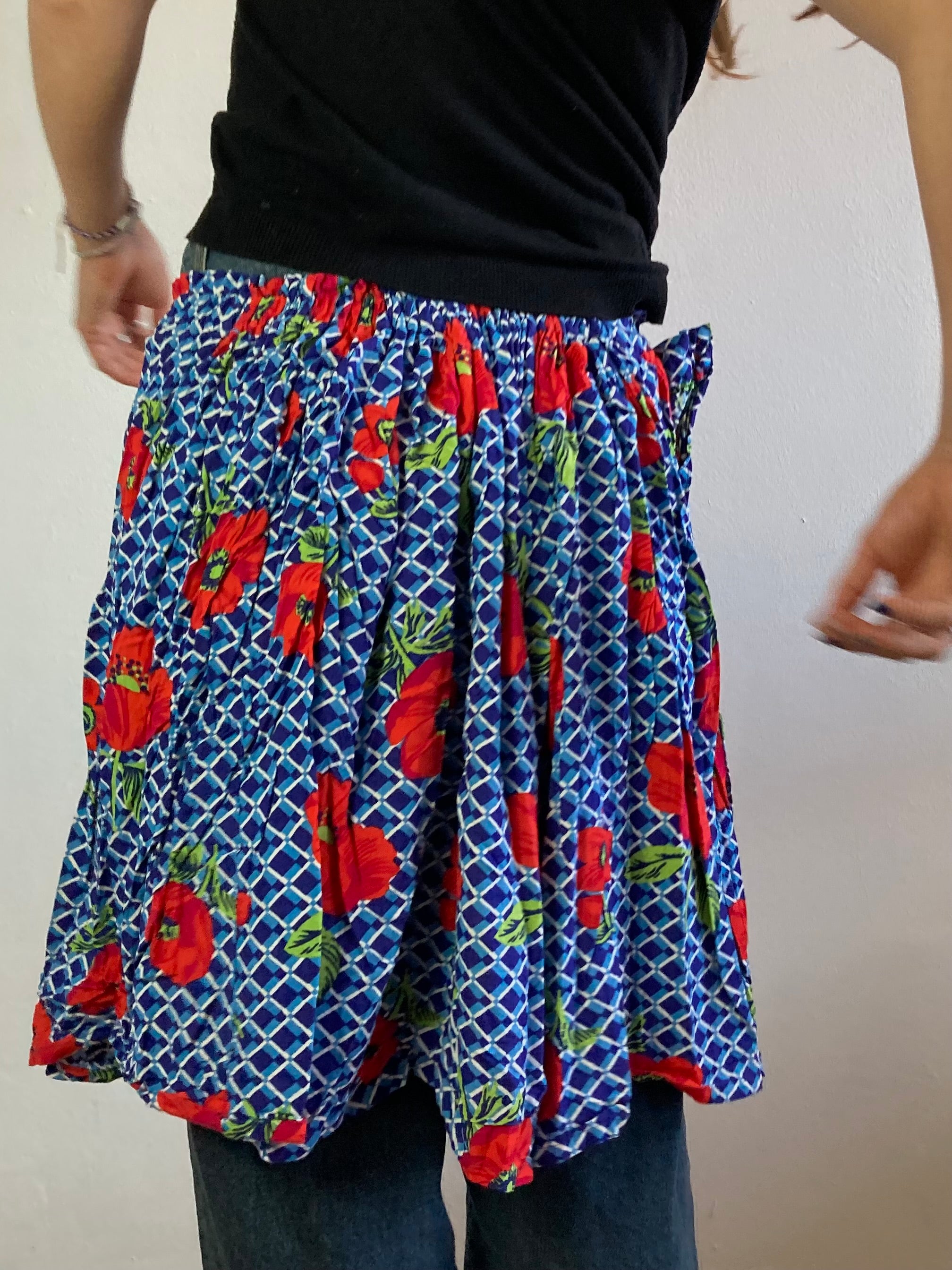 Skirt Vintage Blue Red Floral Elastic Waist Layering Women – S