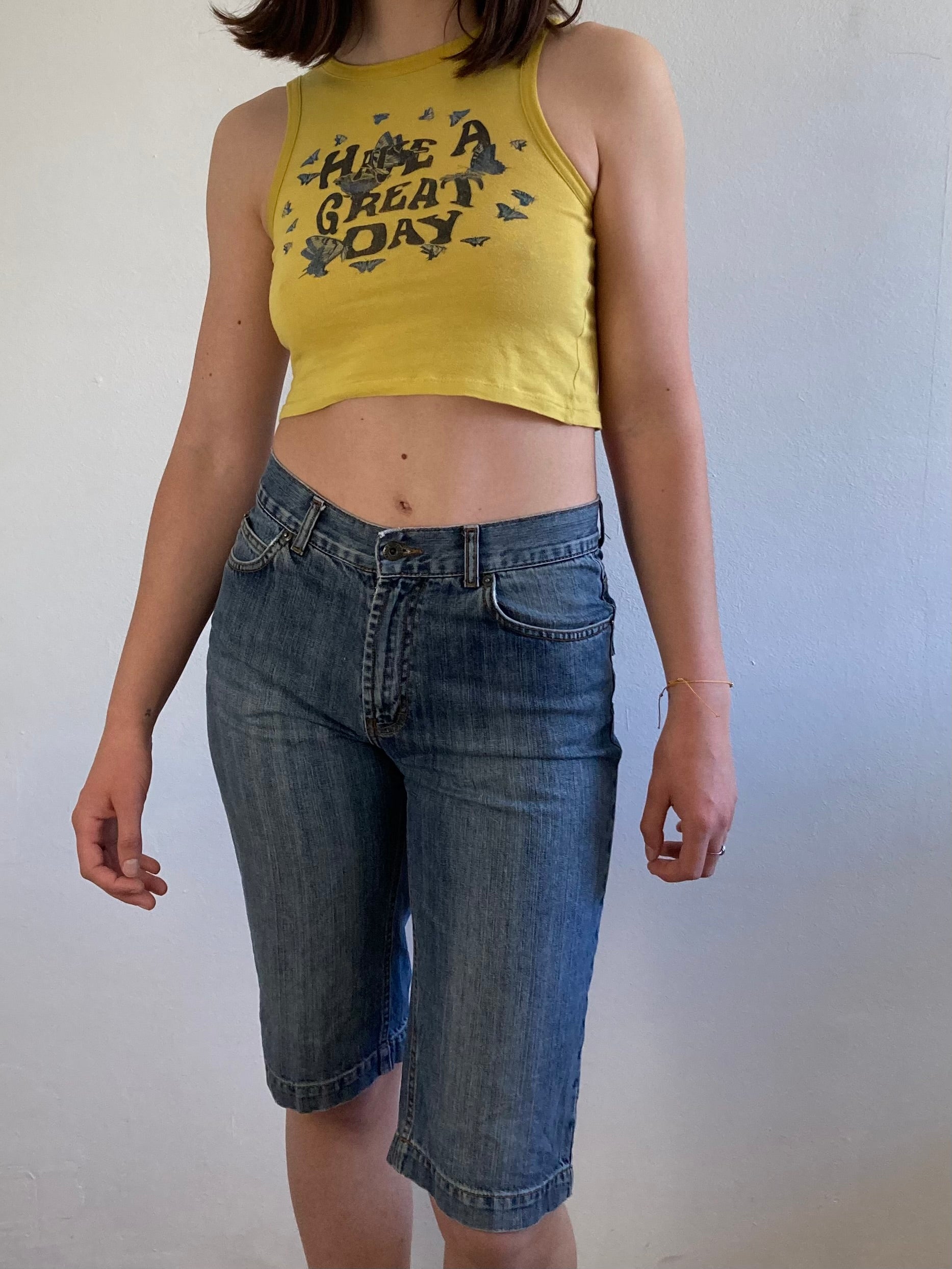 Top Vintage Y2K Baby Tee Front Print Yellow Fitted Cotton Blend Women – S
