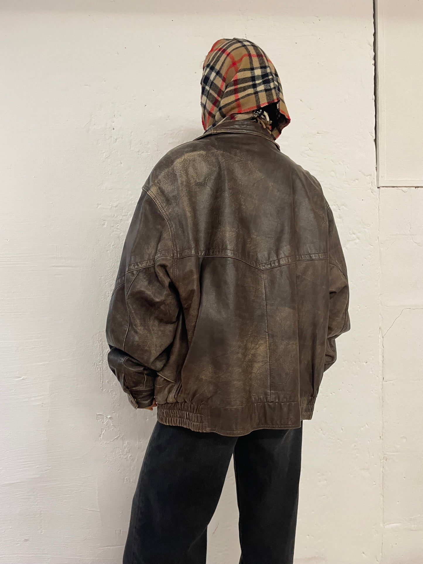 Vintage Trapper Leather Jacket Dark Brown Oversized Unisex - L